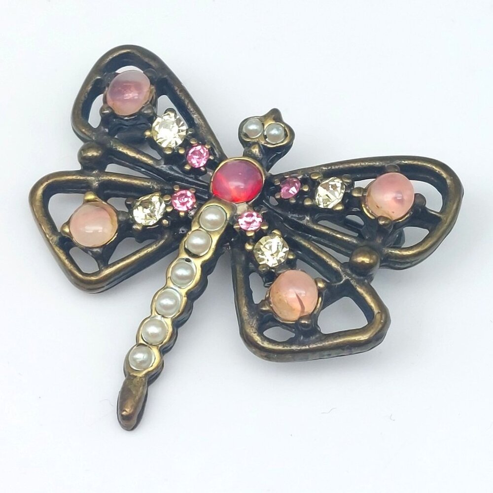 Vintage Yosca Small Dragonfly Brooch with Crystals and Pearls and Poured Glass,